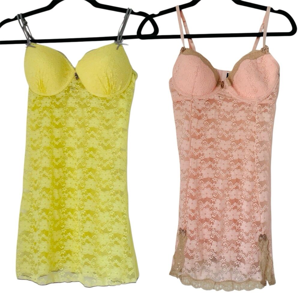 Rampage Sexy Intimates Lingerie‎ Babydoll Nightie Chemise M Pink Yellow Lace Y2K